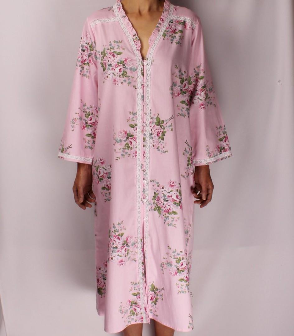 Cotton floral robe w buttons ,lace full length trim pink  Style:AL/ND-289 image 0